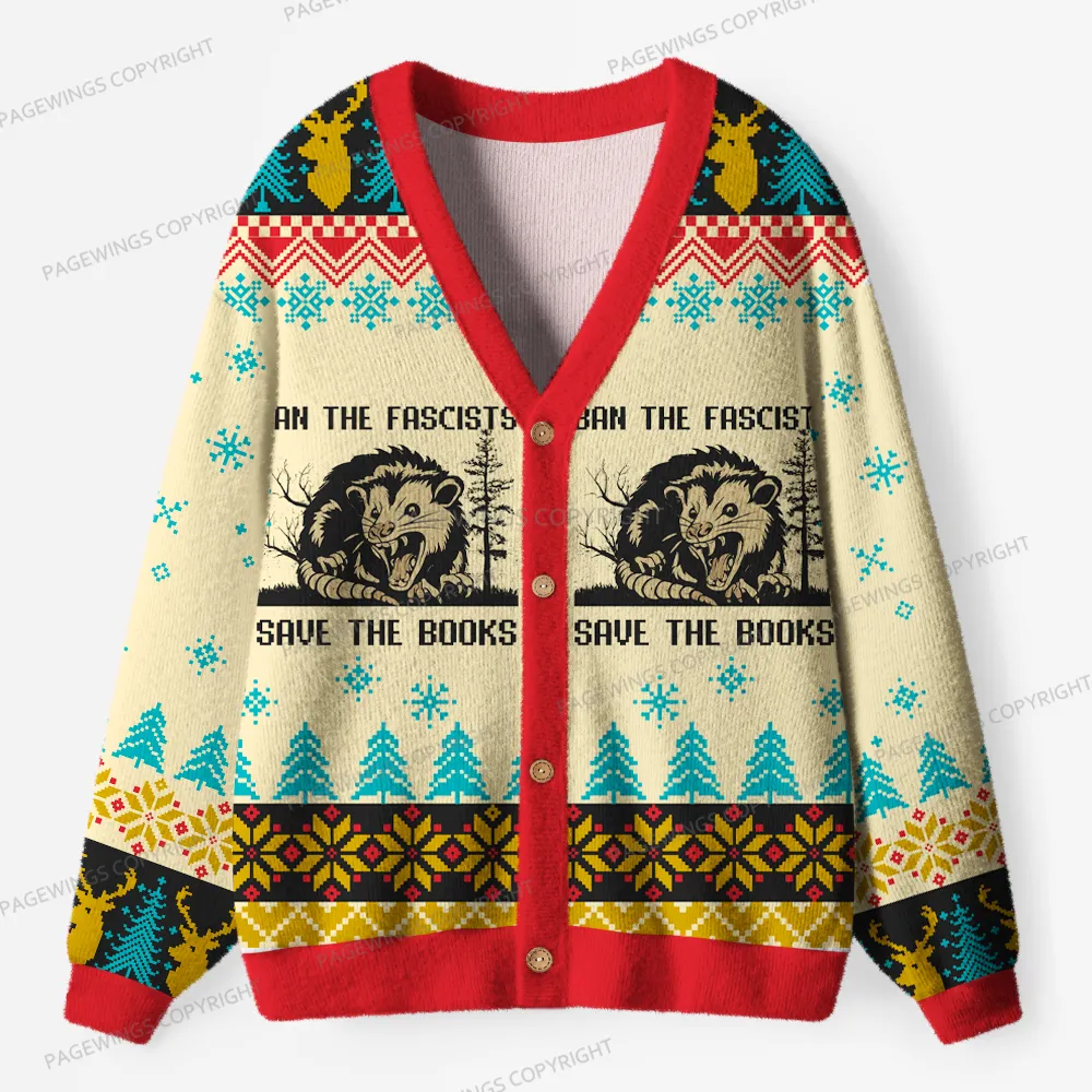 Pagewings Ban The Fascists Save The Books Unisex Ugly Cardigan Sweaters