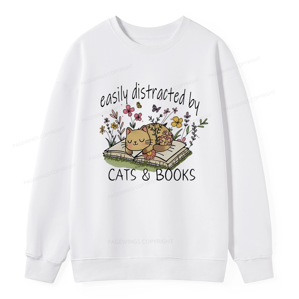 Pagewings Easily Distracted By Cats And Books Unisex Classic Sweatshirt