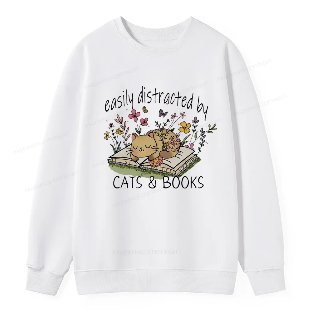 Pagewings Easily Distracted By Cats And Books Unisex Classic Sweatshirt