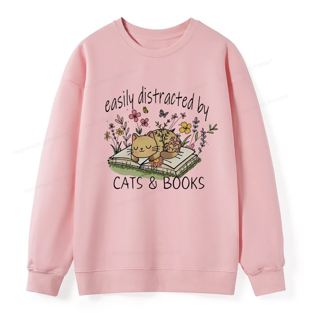 Pagewings Easily Distracted By Cats And Books Unisex Classic Sweatshirt