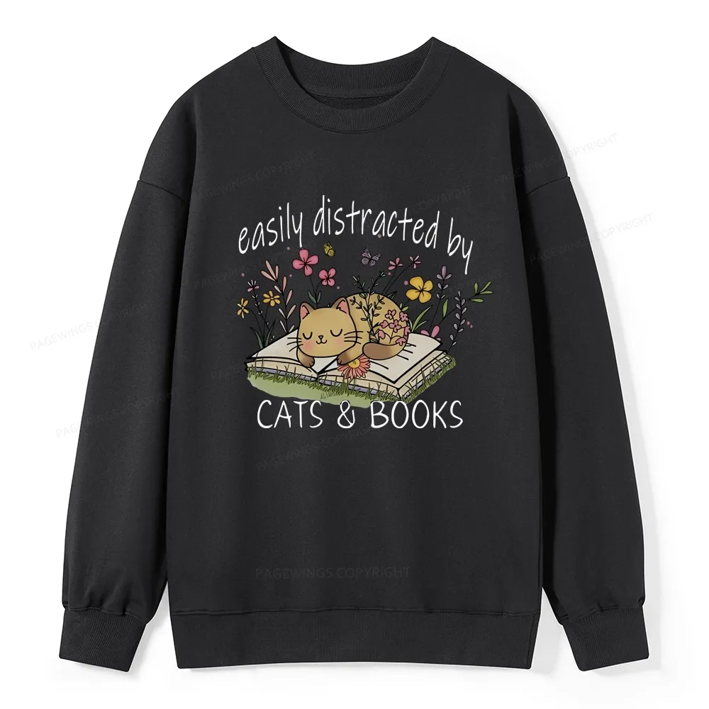 Pagewings Easily Distracted By Cats And Books Unisex Classic Sweatshirt