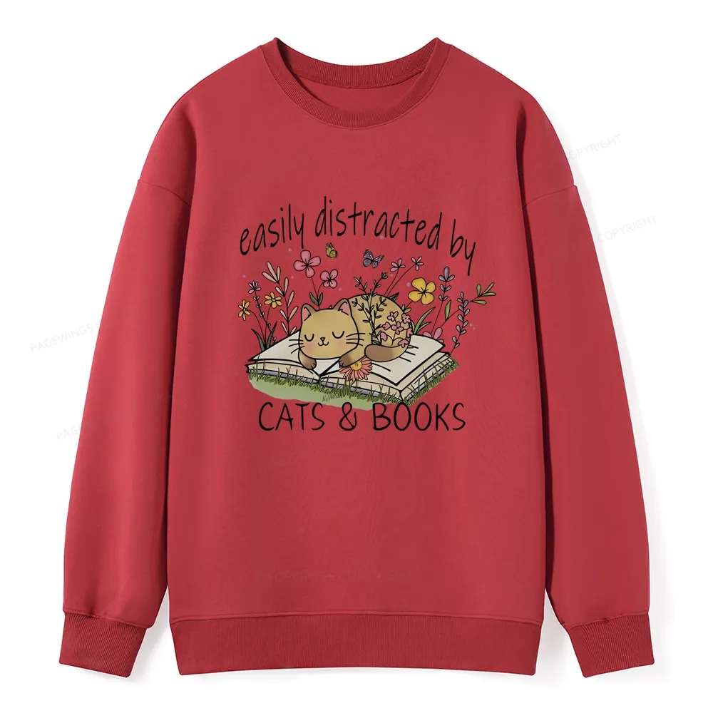 Pagewings Easily Distracted By Cats And Books Unisex Classic Sweatshirt