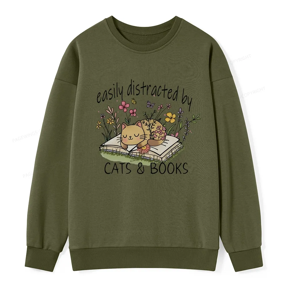 Pagewings Easily Distracted By Cats And Books Unisex Classic Sweatshir