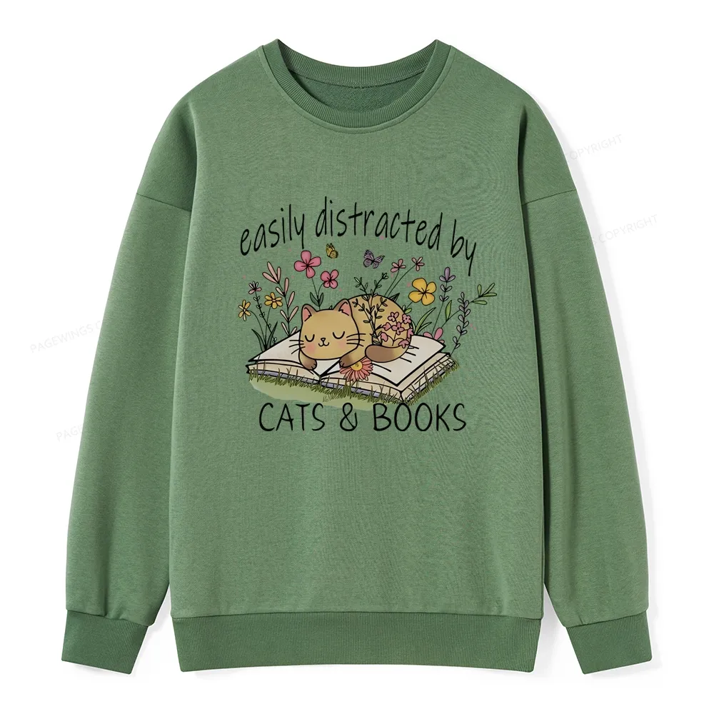 Pagewings Easily Distracted By Cats And Books Unisex Classic Sweatshirt