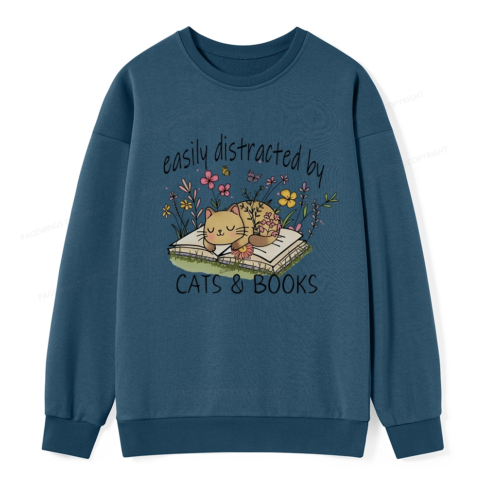 Pagewings Easily Distracted By Cats And Books Unisex Classic Sweatshirt