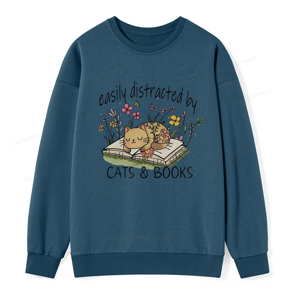Pagewings Easily Distracted By Cats And Books Unisex Classic Sweatshirt