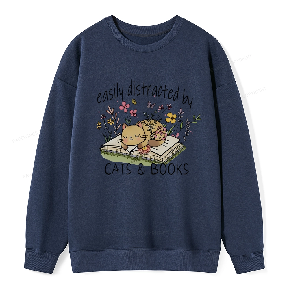 Pagewings Easily Distracted By Cats And Books Unisex Classic Sweatshirt