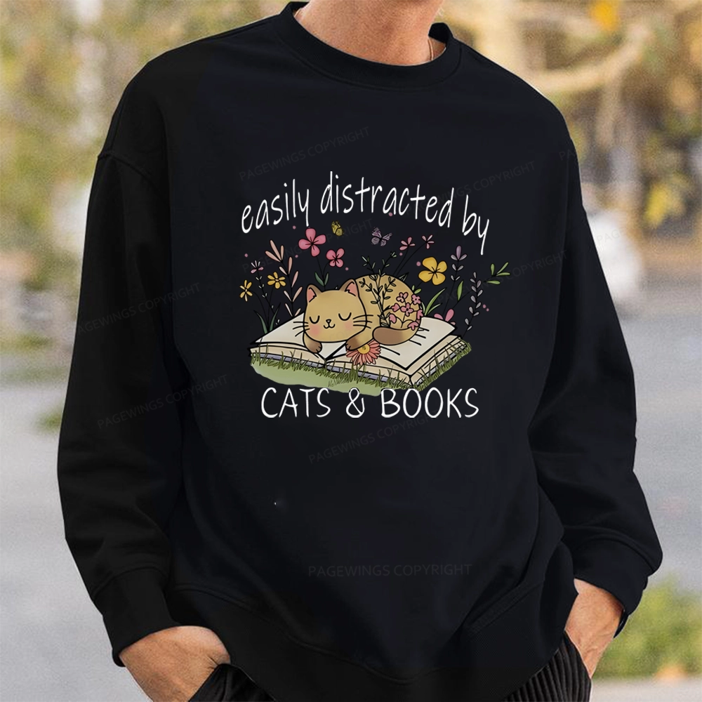 Pagewings Easily Distracted By Cats And Books Unisex Classic Sweatshirt