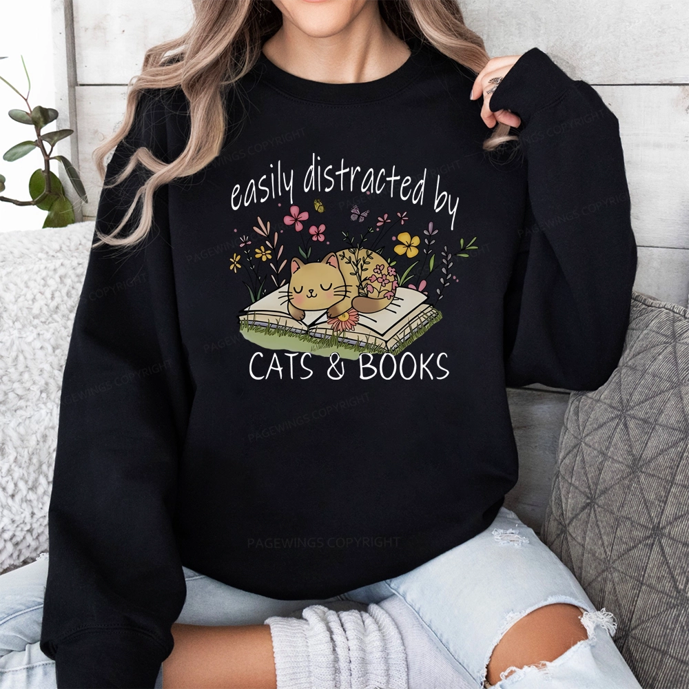 Pagewings Easily Distracted By Cats And Books Unisex Classic Sweatshirt