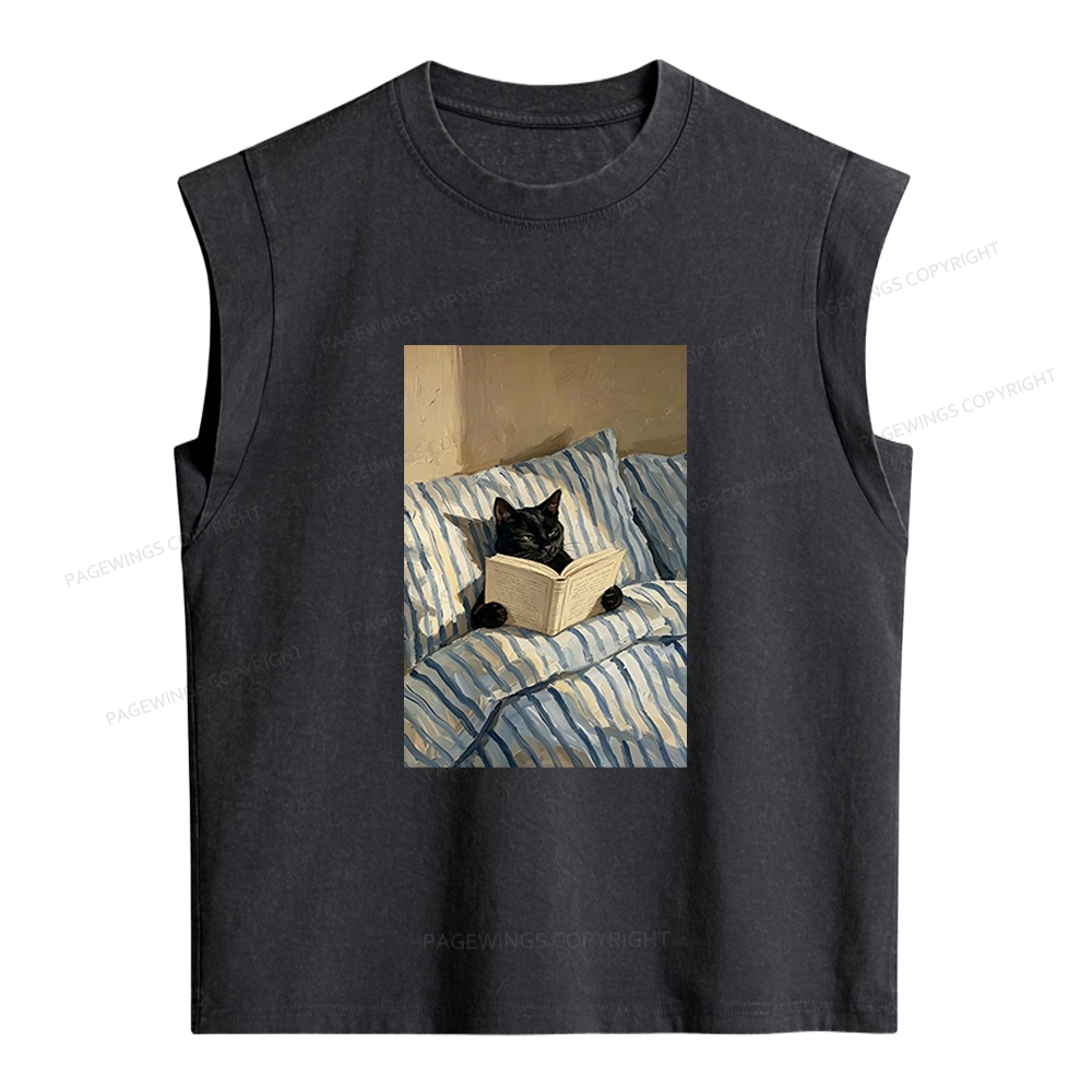 Pagewings Black Cat Reading in Bed Women's Washed Tank Top