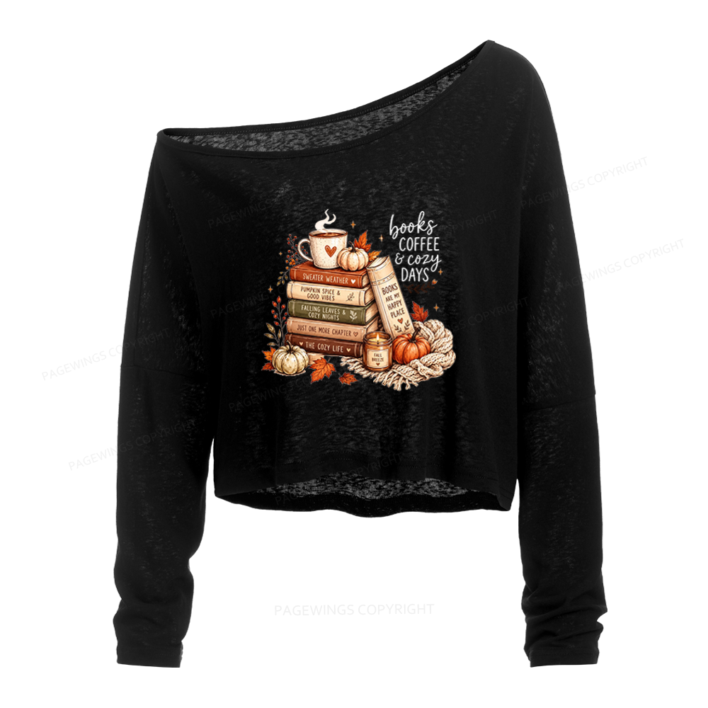 Pagewings Fall Bookish Slouchy Long Sleeve Off Shoulder T-shirt