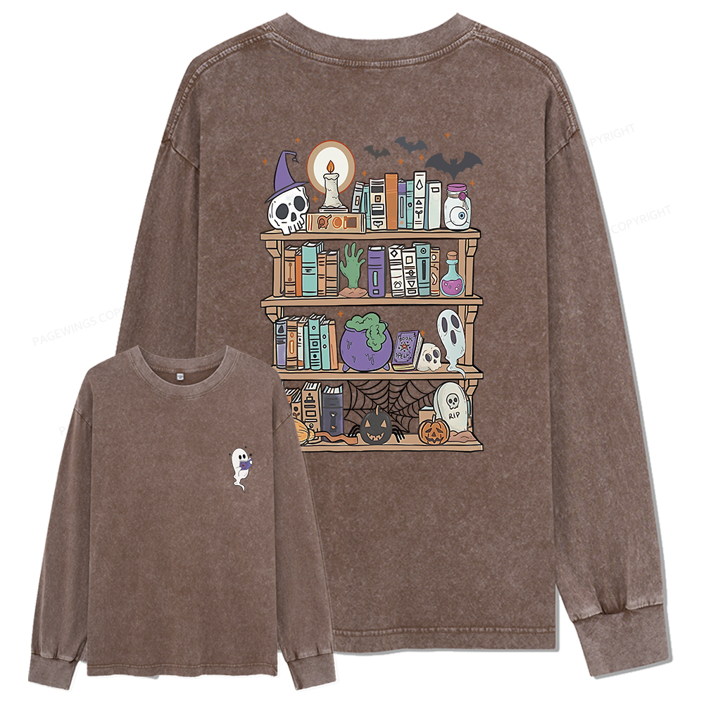 Pagewings Ghost Book Reader Halloween Unisex Washed Long Sleeve T-shirt