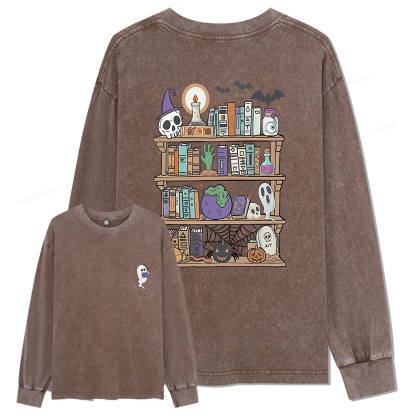 Pagewings Ghost Book Reader Halloween Unisex Washed Long Sleeve T-shirt