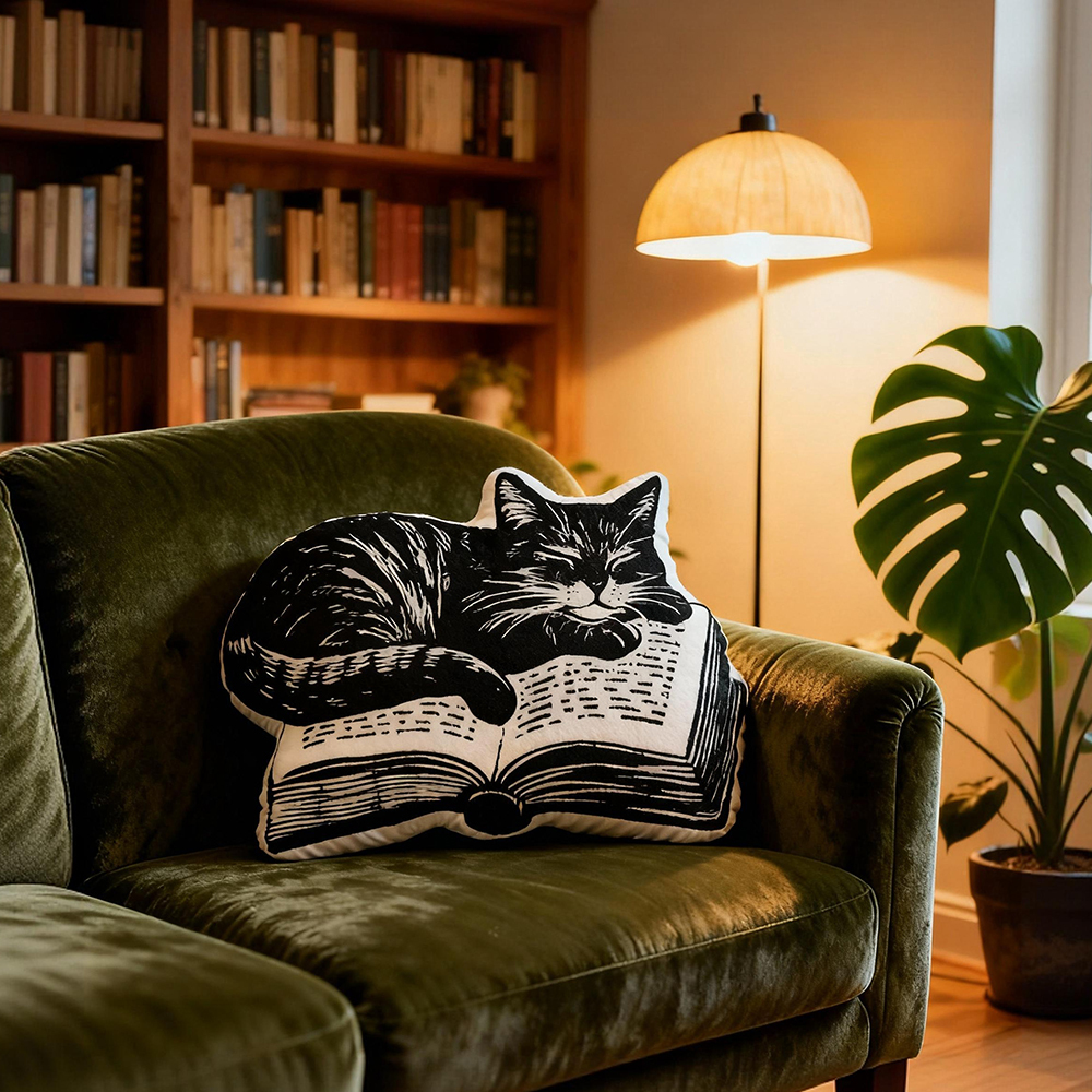 Pagewings Cat And Books Shaped Throw Pillow