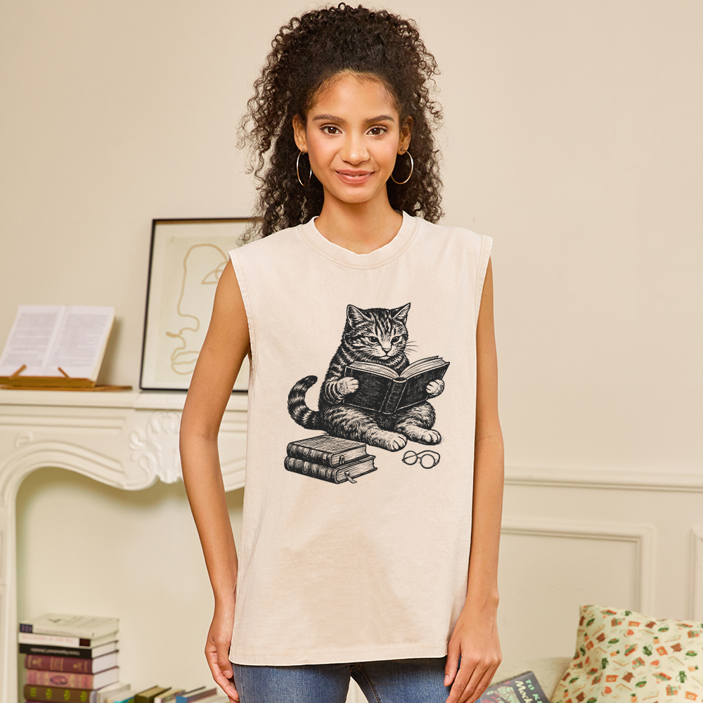 Pagewings Cat Reading Book Unisex Washed Tank Top