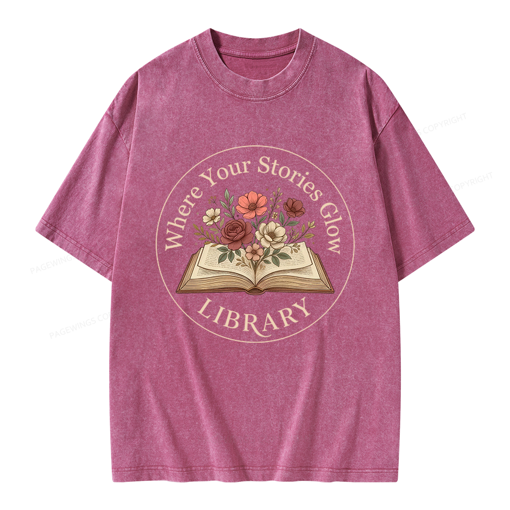 Pagewings Where Your Stories Glow Library Unisex Washed T-shirt
