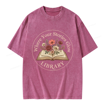 Pagewings Where Your Stories Glow Library Unisex Washed T-shirt