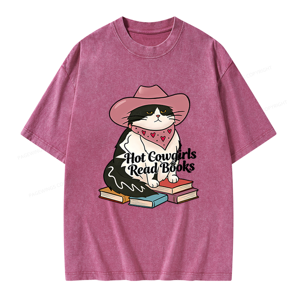 Pagewings Hot Cowgirls Read Books Unisex Washed T-shirt