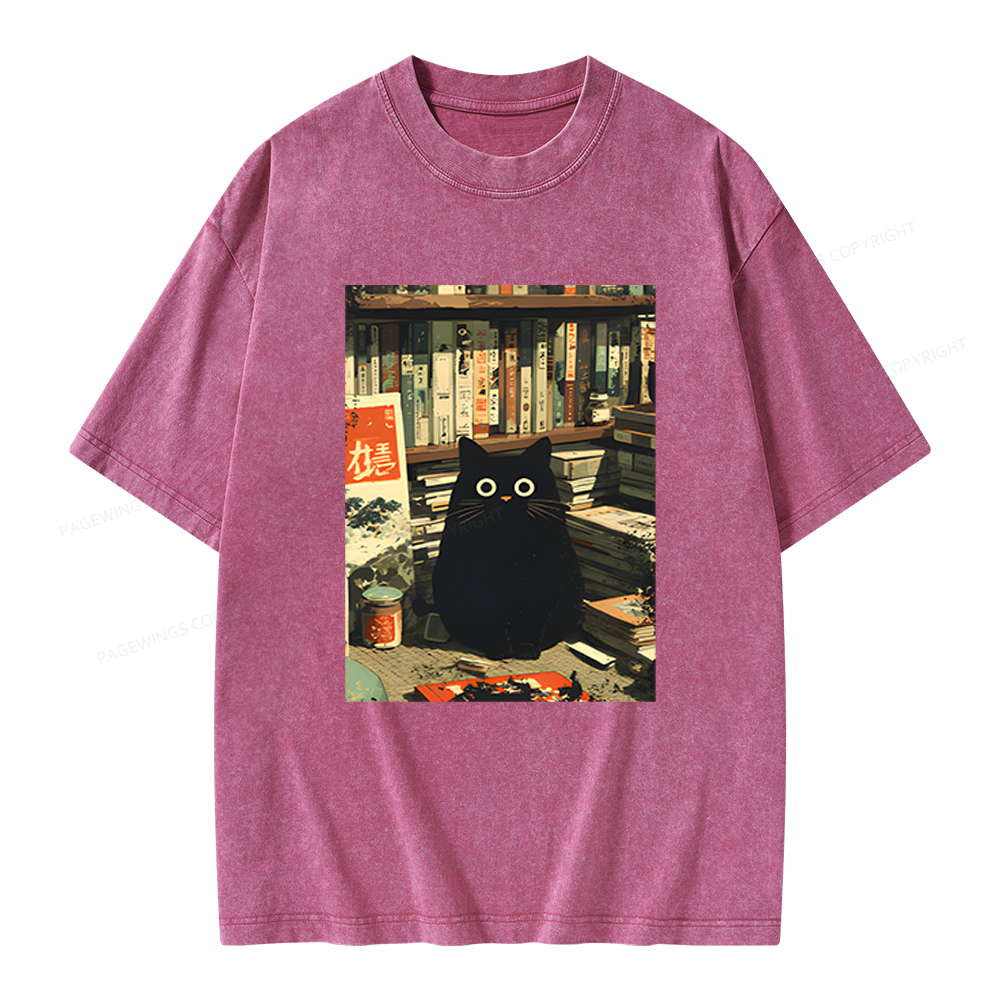 Pagewings Vintage Cat Book Lovers Unisex Washed T-shirt