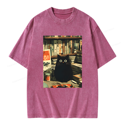 Pagewings Vintage Cat Book Lovers Unisex Washed T-shirt