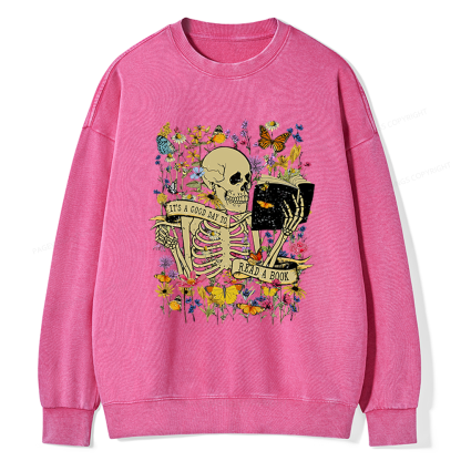 Pagewings Skull Skeleton Reading Book Unisex Washed Sweatshirt