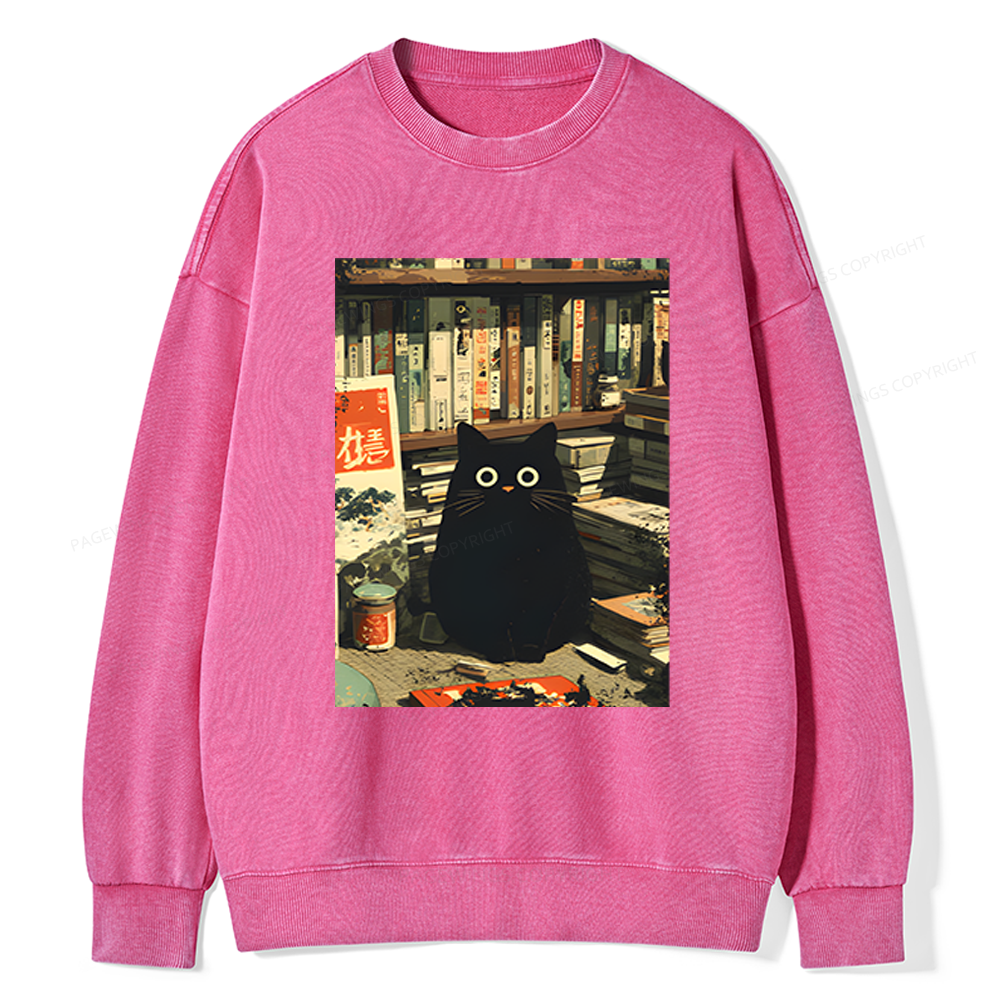 Pagewings Vintage Cat Book Lovers Unisex Washed Sweatshirt