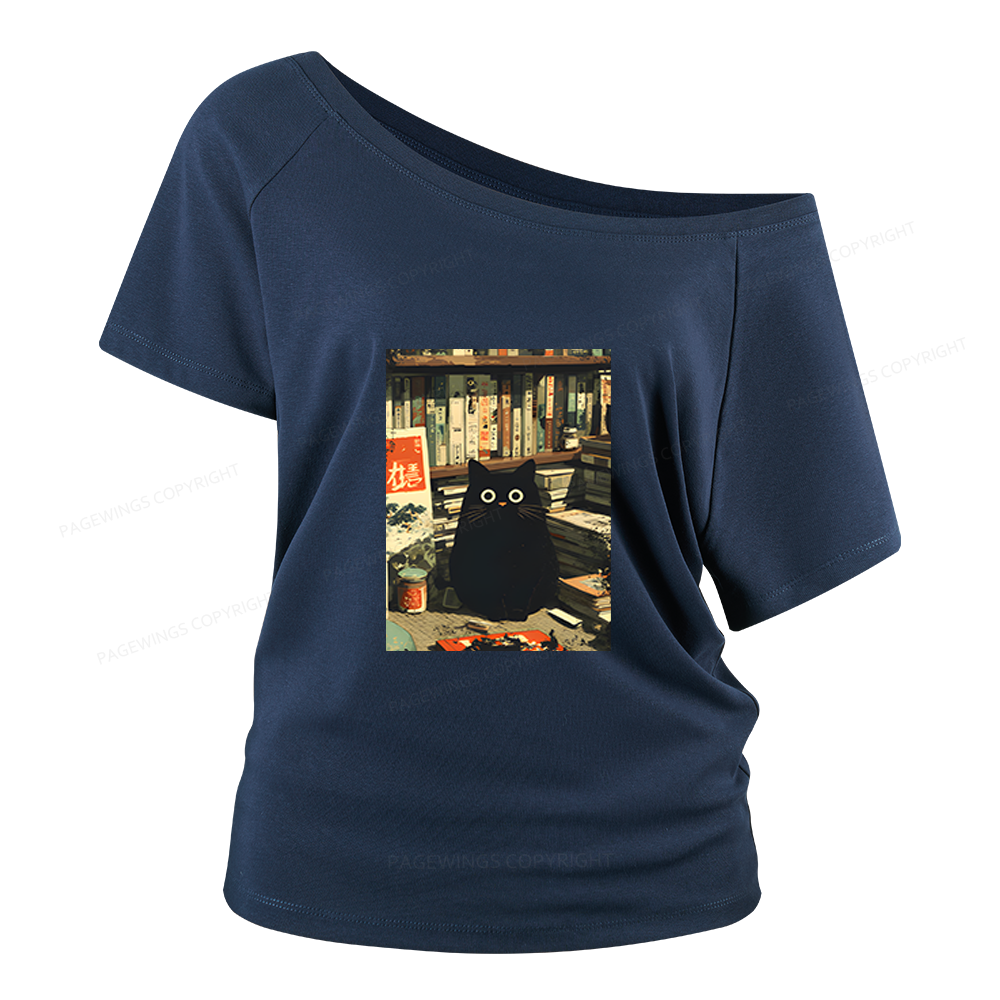 Pagewings Vintage Cat Book Lovers Women Off Shoulder T-shirts