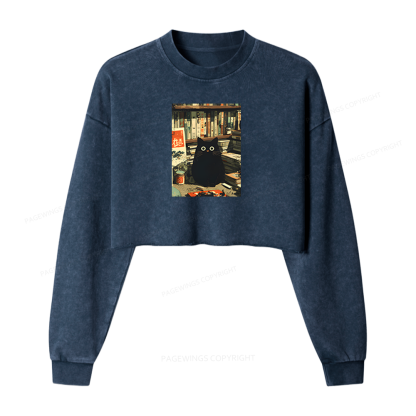Pagewings Vintage Cat Book Lovers Washed Crop Sweatshirt