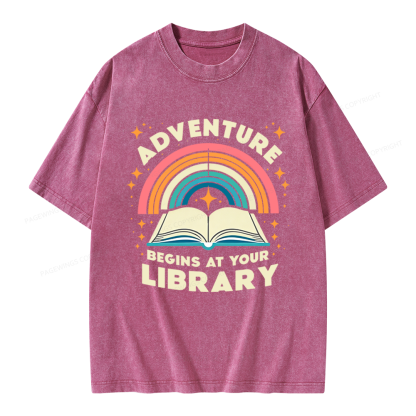 Pagewings Adventure Begins At Your Library Unisex Washed T-shirt