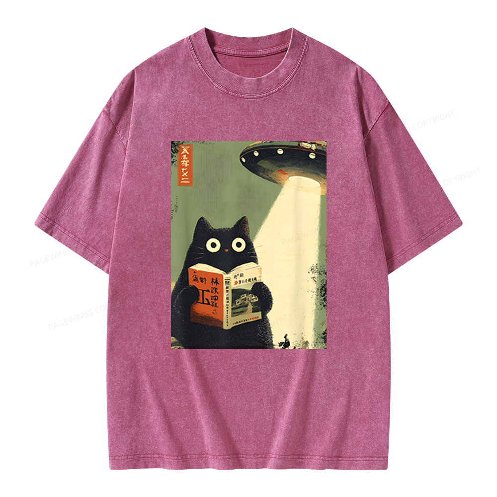Pagewings Vintage Cat Book Lovers Unisex Washed T-shirt