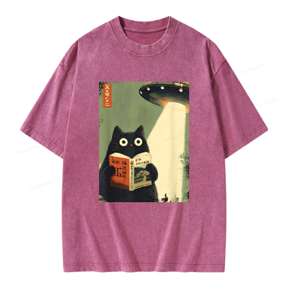 Pagewings Vintage Cat Book Lovers Unisex Washed T-shirt