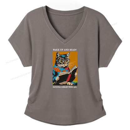 Pagewings Cat Reading Poster Soft Women's Modal V-neck T-shirt