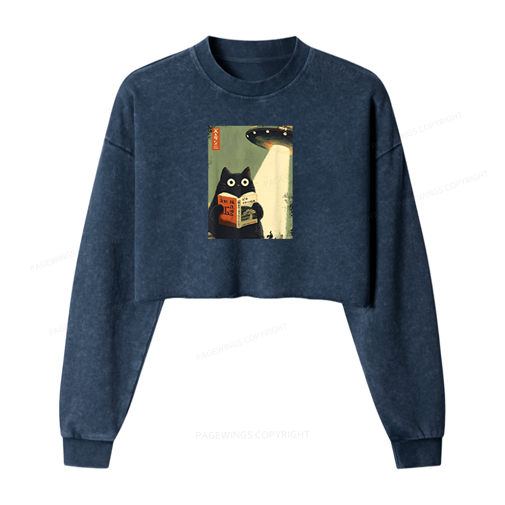 Pagewings Vintage Cat Book Lovers Washed Crop Sweatshirt