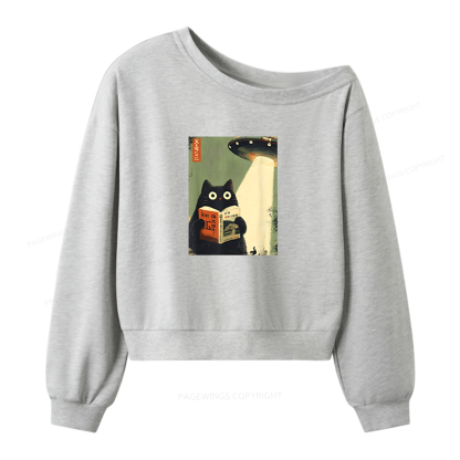 Pagewings Vintage Cat Book Lovers Women Off Shoulder Sweatshirt