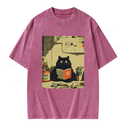Pagewings Vintage Cat Book Unisex Washed T-shirt