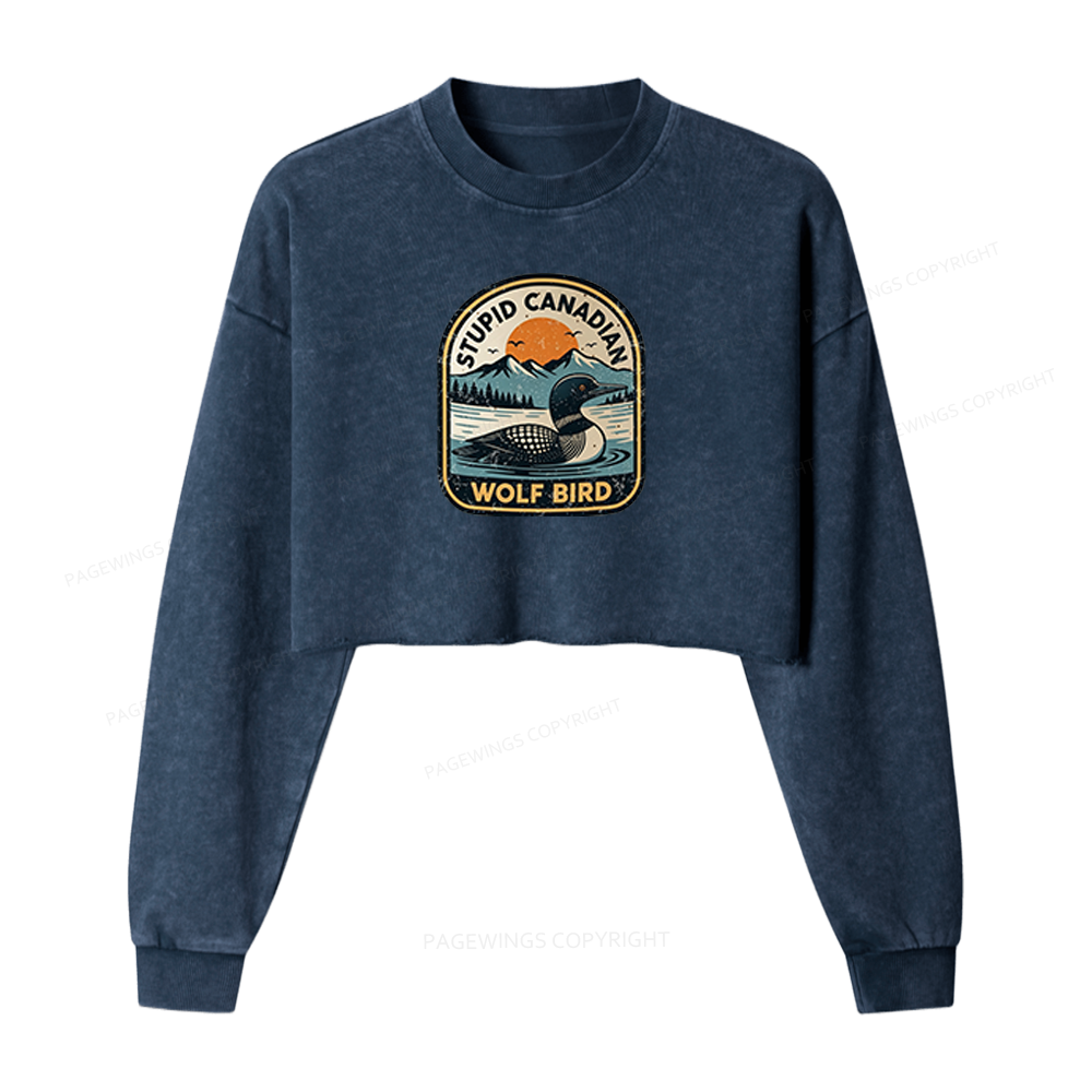 Pagewings Stupid Canadian Wolf Bird Washed Crop Sweatshirt