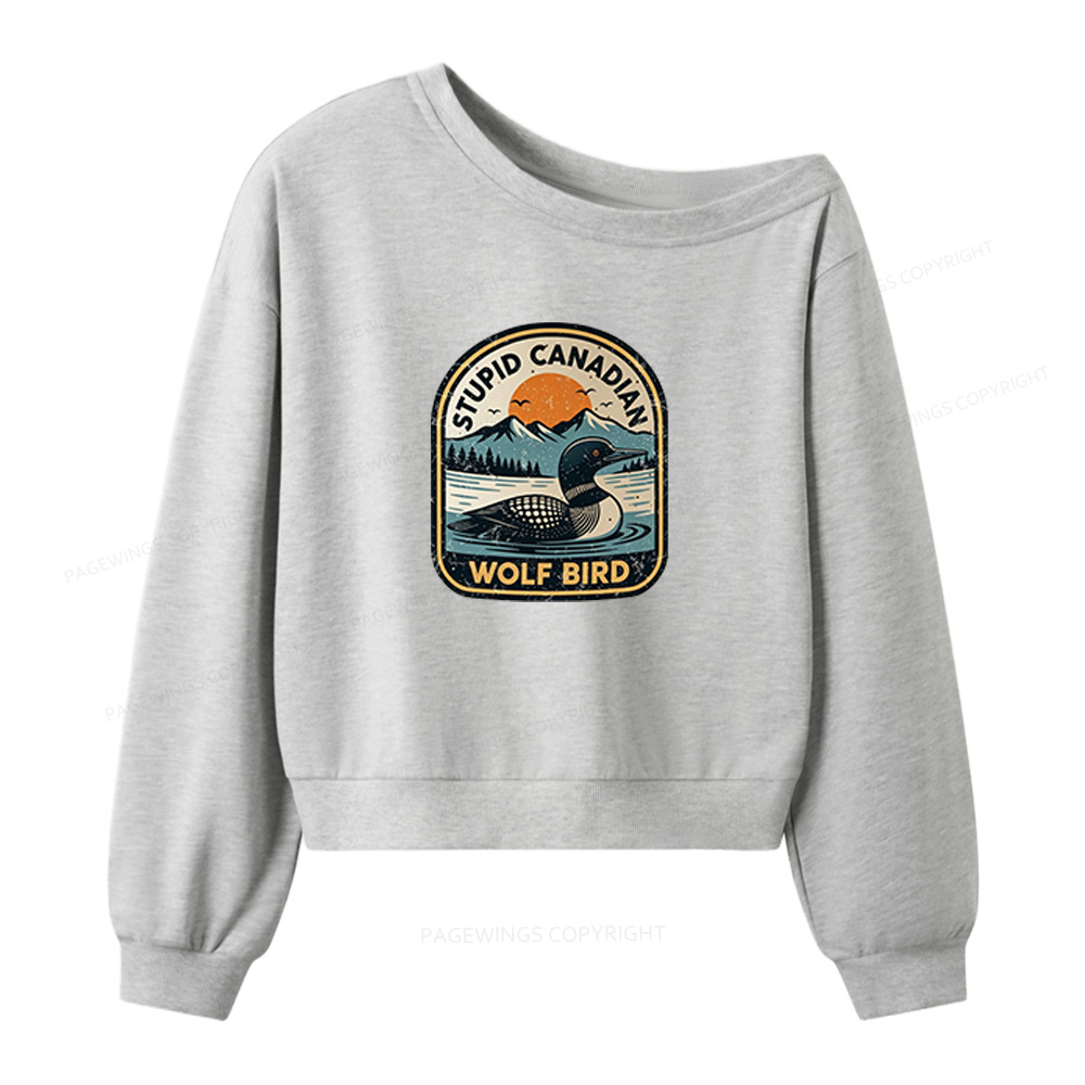 Pagewings Stupid Canadian Wolf Bird Women Off Shoulder Sweatshirt