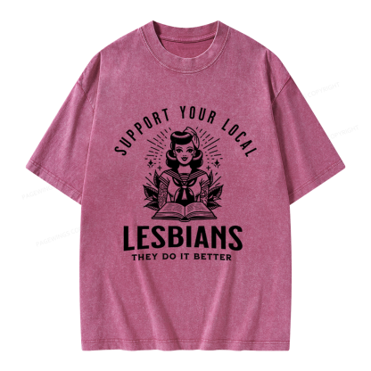 Pagewings Support Your Local Lesbians Unisex Washed T-shirt
