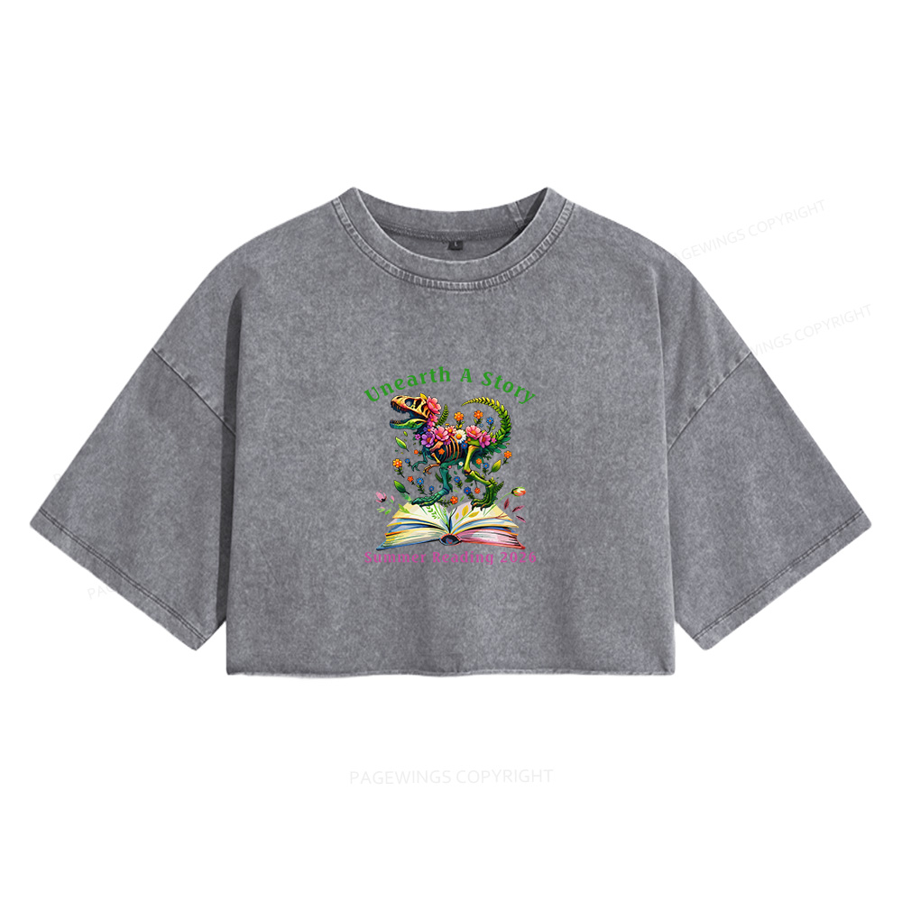 Pagewings Unearth A Story Summer Reading Women's Washed Cropped T-shirt