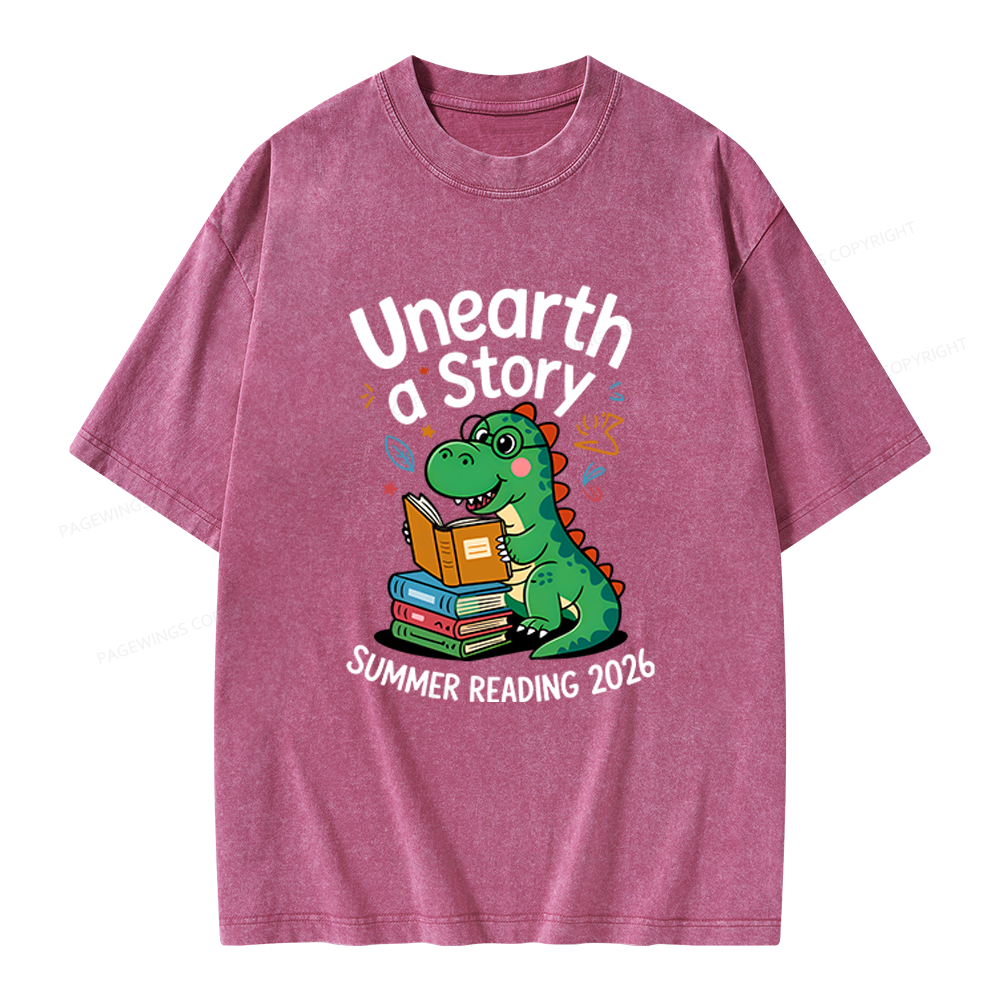 Pagewings Unearth a Story Dinosaur Summer Reading 2026 Unisex Washed T-shirt