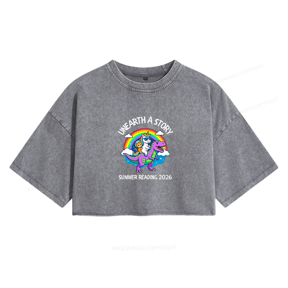 Pagewings Unearth A Story Summer Reading Women's Washed Cropped T-shirt