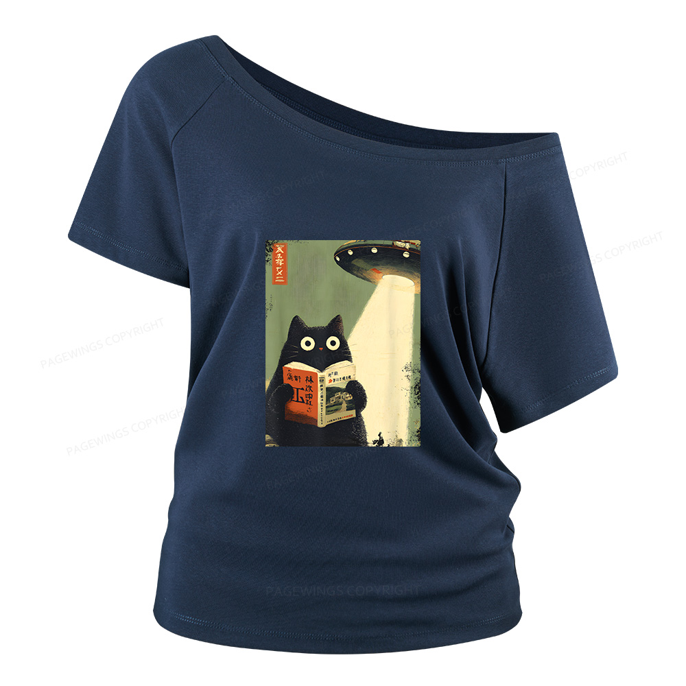 Pagewings Vintage Japanese Cat Book Lovers Women Off Shoulder T-shirts