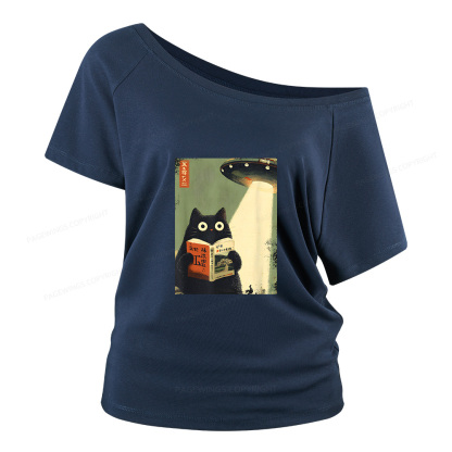 Pagewings Vintage Japanese Cat Book Lovers Women Off Shoulder T-shirts