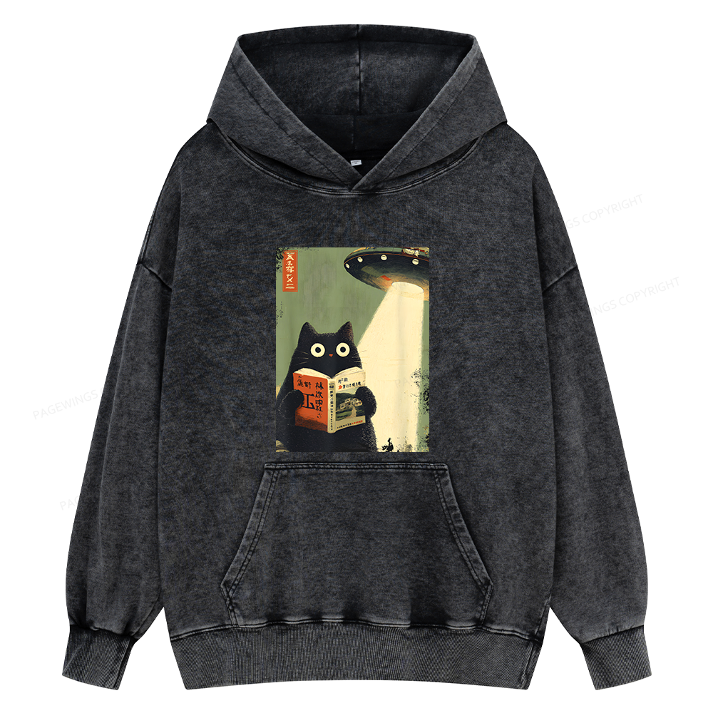 Pagewings Vintage Japanese Cat Book Lovers Unisex Washed Hoodie