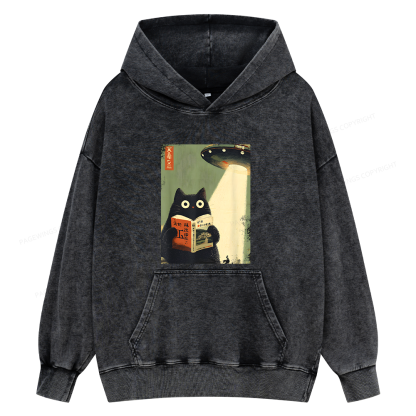 Pagewings Vintage Japanese Cat Book Lovers Unisex Washed Hoodie