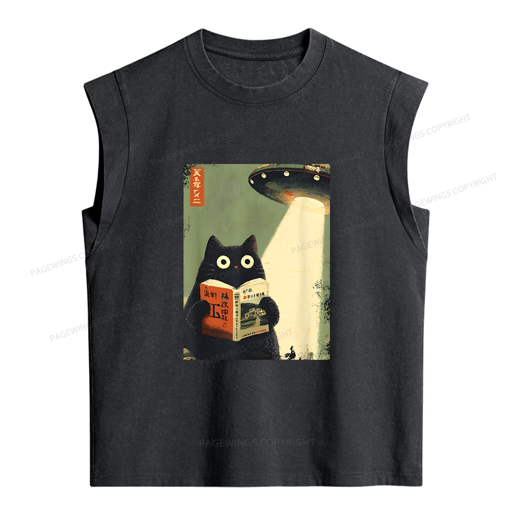 Pagewings Vintage Japanese Cat Book Lovers Women's Washed Tank Top