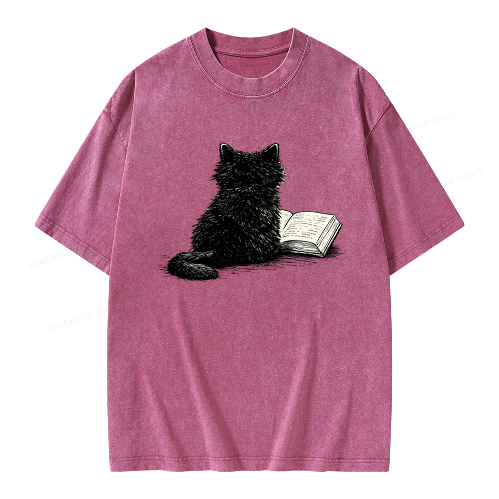 Pagewings Reading Cat Book Lover Unisex Washed T-shirt