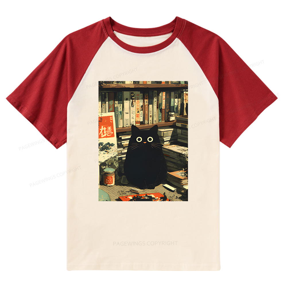 Pagewings Vintage Japanese Cat Book Lovers Raglan T-shirt