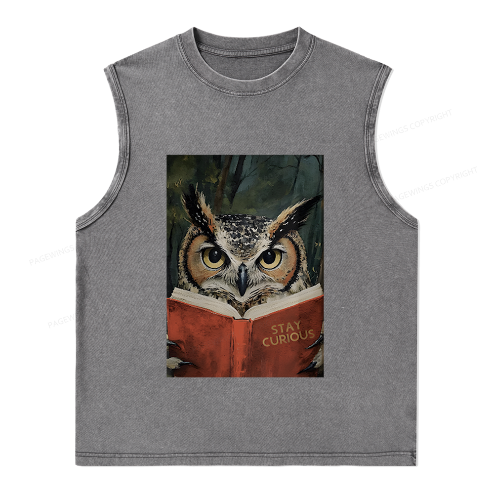 Pagewings Owl Reading Unisex Washed Tank Top