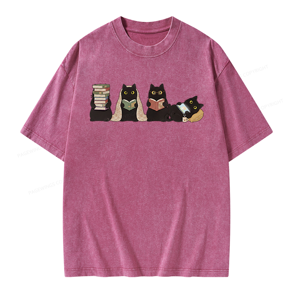 Pagewings Black Cats Reading Unisex Washed T-shirt